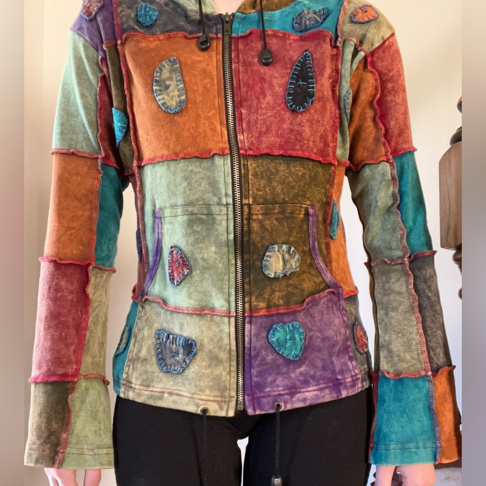 Medium Patchwork Hippie acid washed zip up adjustable hoodie